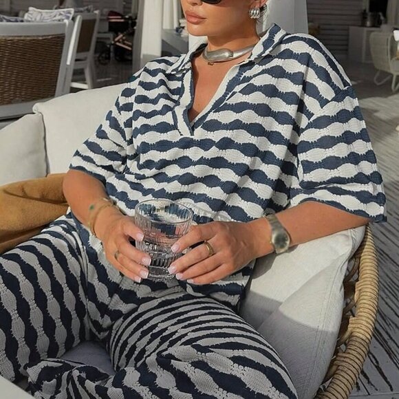 Blue Casual Women's Embellished Top & Pants Set - Picture 2 of 9